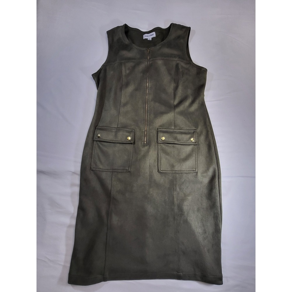 Shelby & Palmer Olive Green Faux Suede‎ Zip Front Sheath Dress Size 14 Pocket